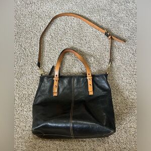 Vera Bradley Sagebrush Satchel Black Tan Leather Tote Bag Stitching Aztec Lined